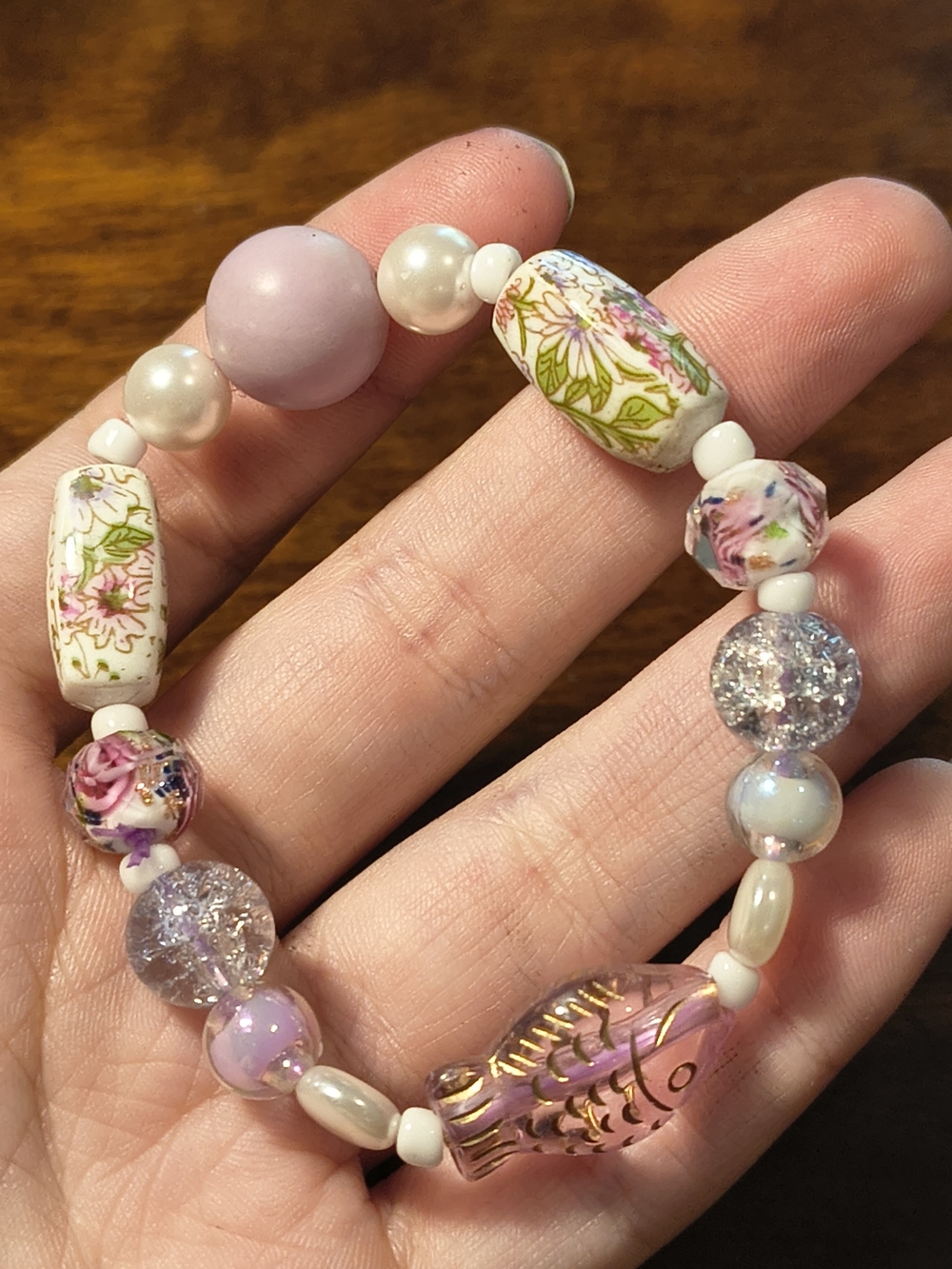 Handmade Floral Purple Beaded Bracelet - Women's Jewelry